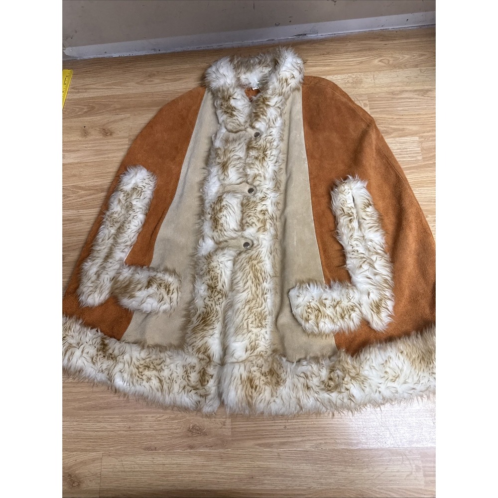 Vintage Womens Hippie Boho Suede And Faux Fur Penny Lane Style Cape